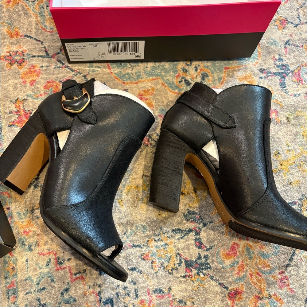 Vince Camuto Black Heeled Boots with Gold Buckle